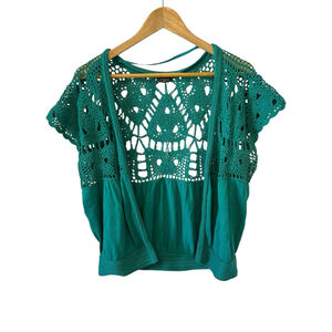 DENVER HAYES Cardigan Women’s Medium Crochet Teal Short Sleeve Open Sweater M